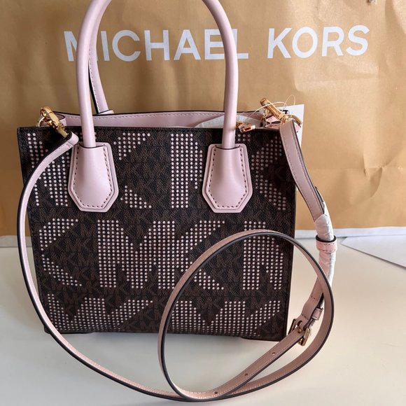 MICHAEL KORS Mercer Medium Pebbled Leather Crossbody Bag Brown/Pink Perforated - Picture 12 of 16